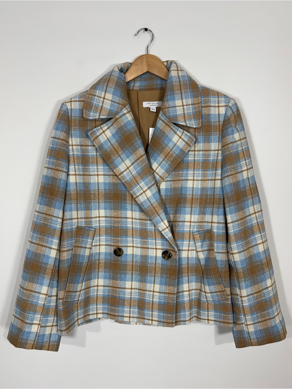 WJT43 {Ann Taylor Weekend} Light Blue Tan Plaid Wool Blend Jacket Pea Coat